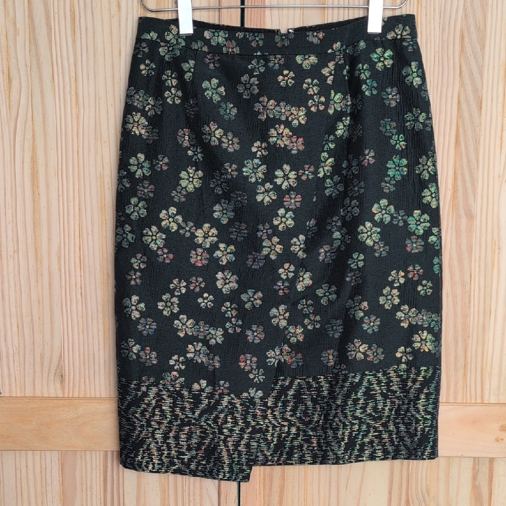 J Crew Metallic Embroidered Floral Faux Wrap Midi Pencil Skirt Size 6